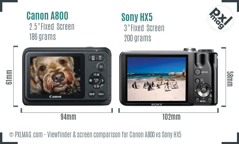 Canon A800 vs Sony HX5 Screen and Viewfinder comparison