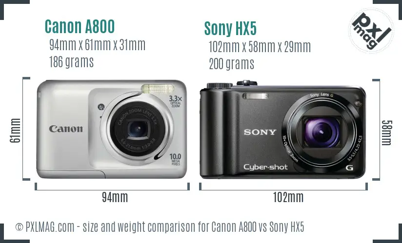 Canon A800 vs Sony HX5 size comparison