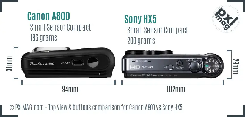 Canon A800 vs Sony HX5 top view buttons comparison