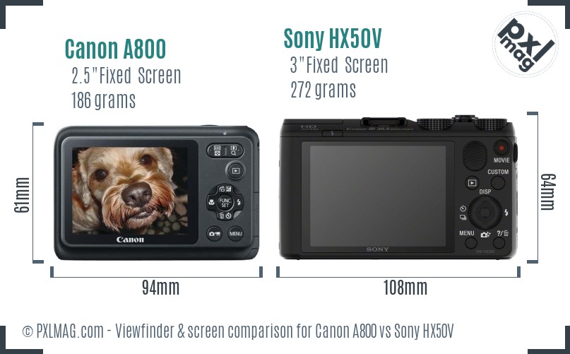 Canon A800 vs Sony HX50V Screen and Viewfinder comparison