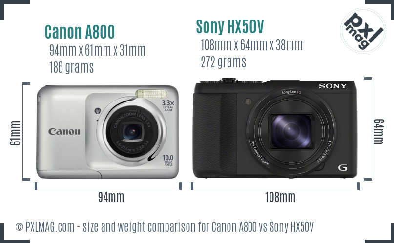 Canon A800 vs Sony HX50V size comparison