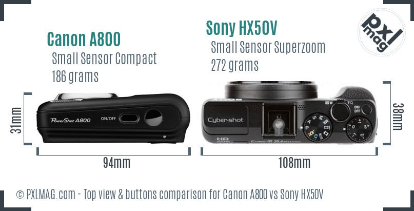 Canon A800 vs Sony HX50V top view buttons comparison