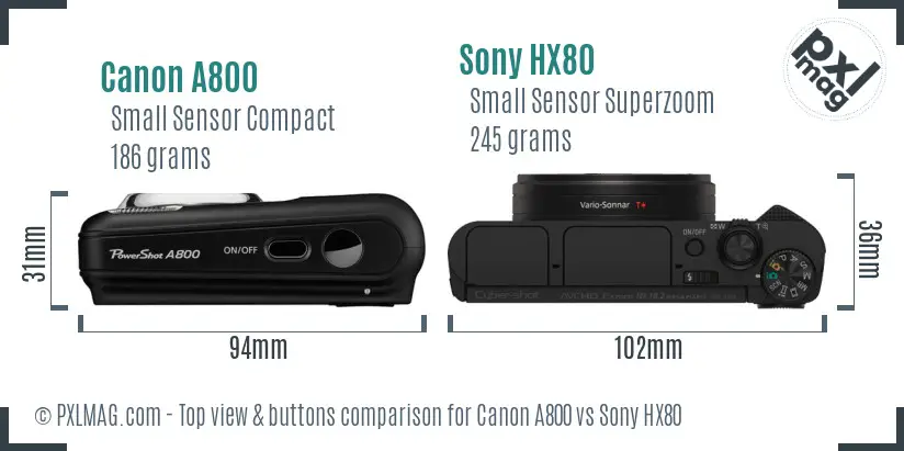 Canon A800 vs Sony HX80 top view buttons comparison