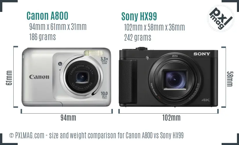 Canon A800 vs Sony HX99 size comparison