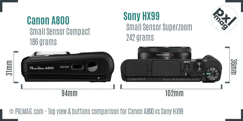 Canon A800 vs Sony HX99 top view buttons comparison