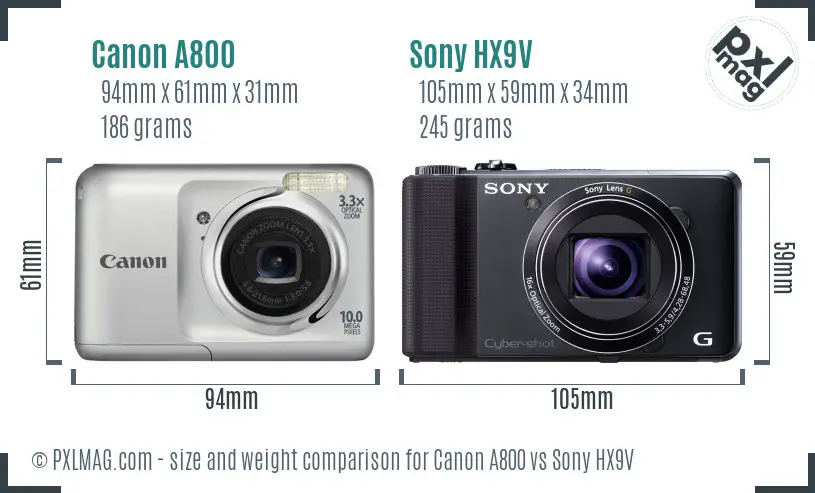 Canon A800 vs Sony HX9V size comparison