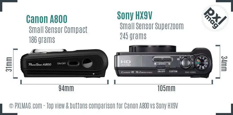 Canon A800 vs Sony HX9V top view buttons comparison