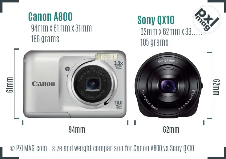 Canon A800 vs Sony QX10 size comparison