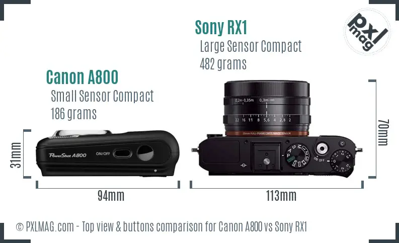 Canon A800 vs Sony RX1 top view buttons comparison