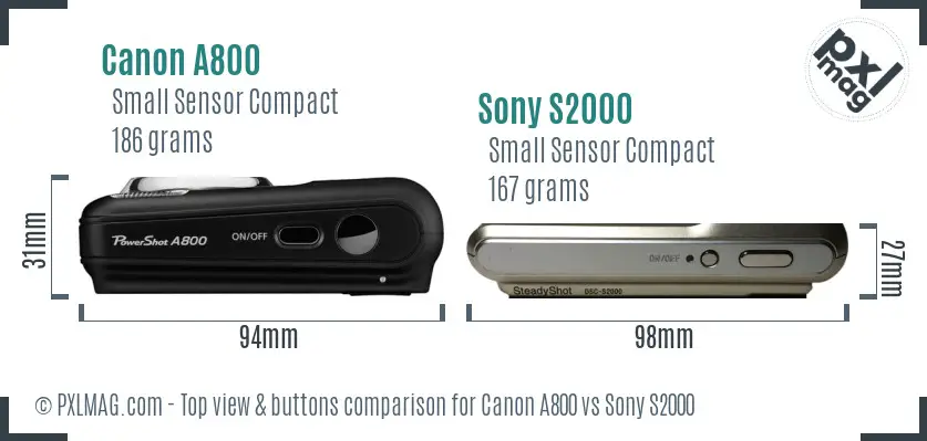 Canon A800 vs Sony S2000 top view buttons comparison Canon A800 vs Sony S2000 top view buttons comparison