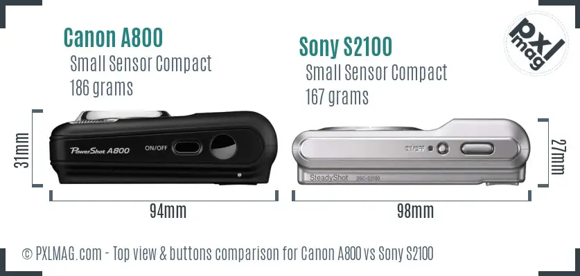 Canon A800 vs Sony S2100 top view buttons comparison