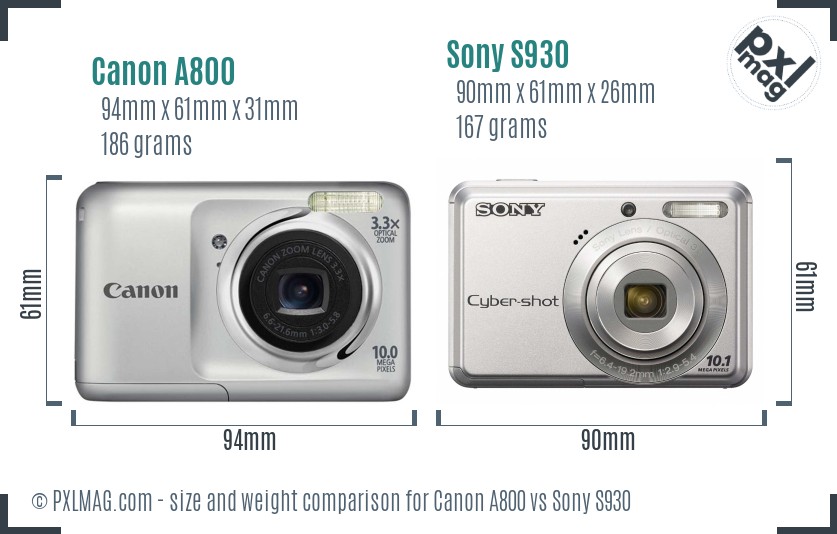 Canon A800 vs Sony S930 size comparison
