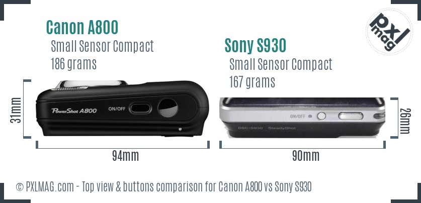 Canon A800 vs Sony S930 top view buttons comparison