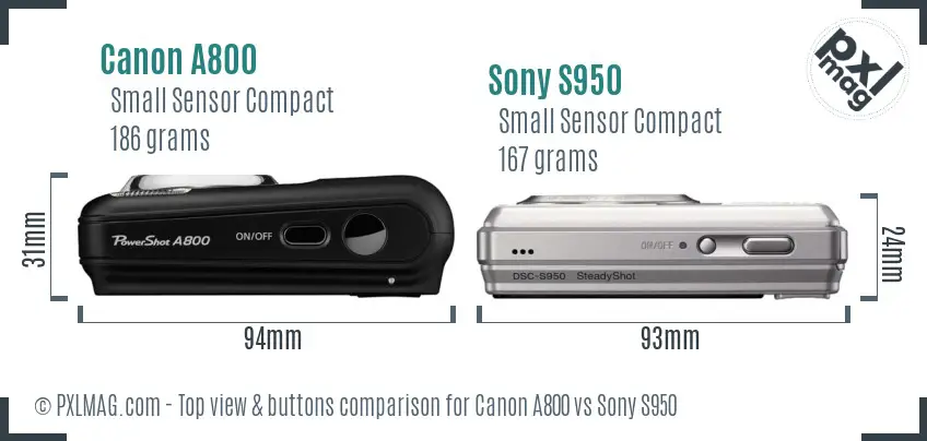 Canon A800 vs Sony S950 top view buttons comparison