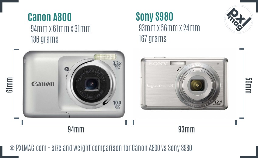Canon A800 vs Sony S980 size comparison