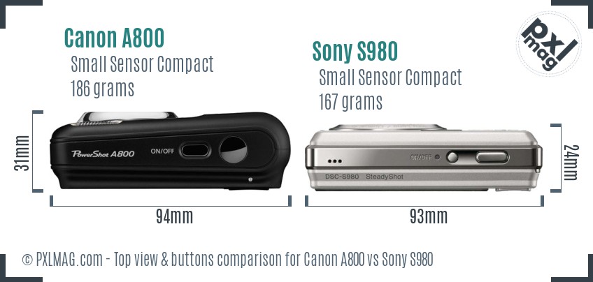 Canon A800 vs Sony S980 top view buttons comparison