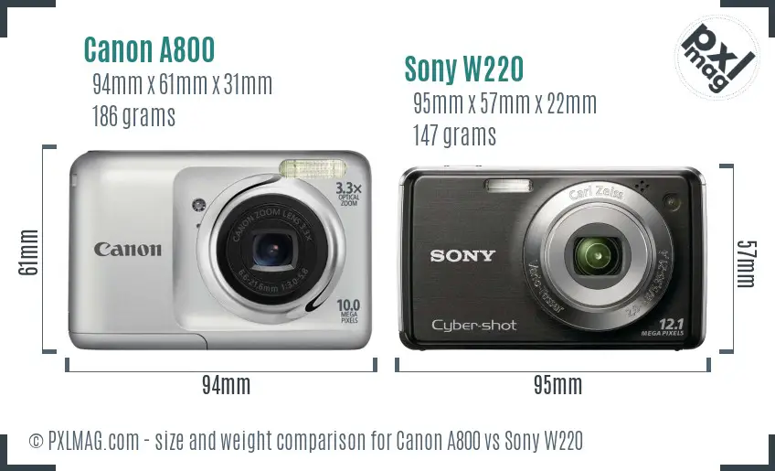 Canon A800 vs Sony W220 size comparison