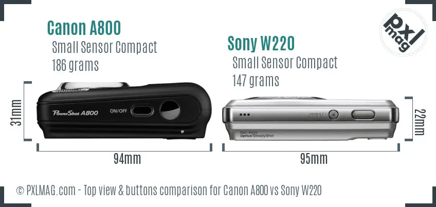 Canon A800 vs Sony W220 top view buttons comparison
