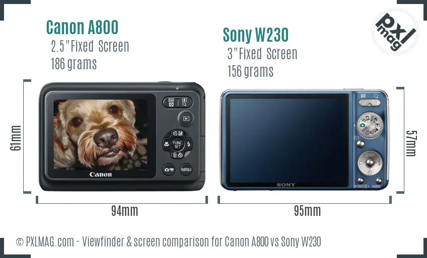 Canon A800 vs Sony W230 Screen and Viewfinder comparison