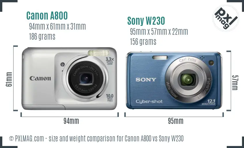 Canon A800 vs Sony W230 size comparison