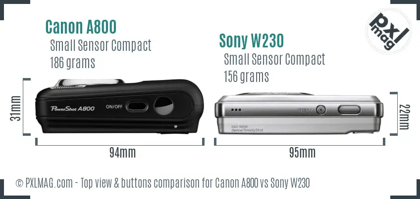 Canon A800 vs Sony W230 top view buttons comparison