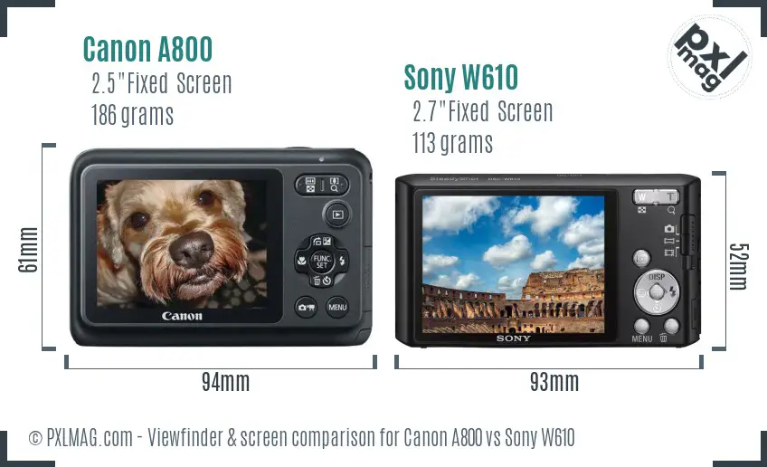 Canon A800 vs Sony W610 Screen and Viewfinder comparison