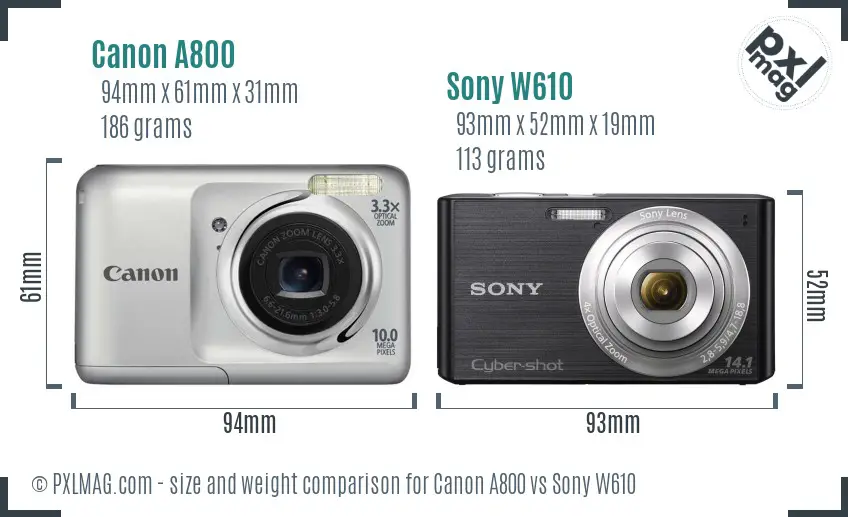 Canon A800 vs Sony W610 size comparison