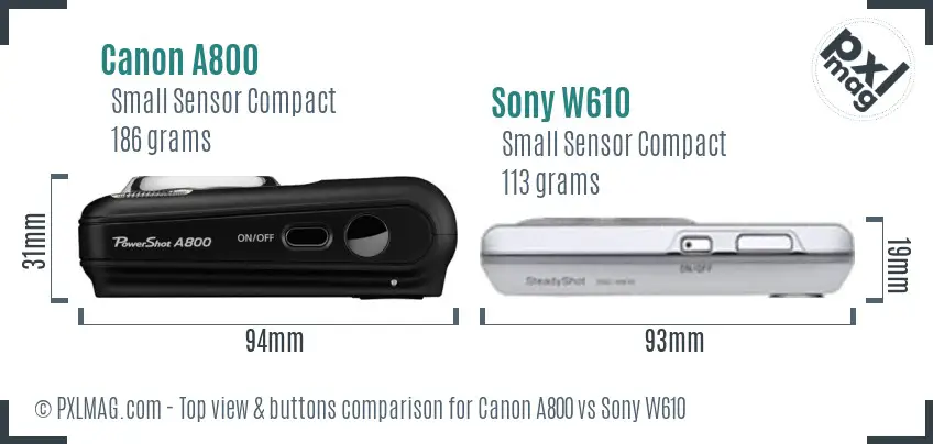 Canon A800 vs Sony W610 top view buttons comparison