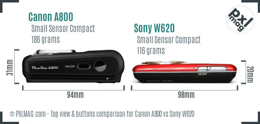 Canon A800 vs Sony W620 top view buttons comparison Canon A800 vs Sony W620 top view buttons comparison