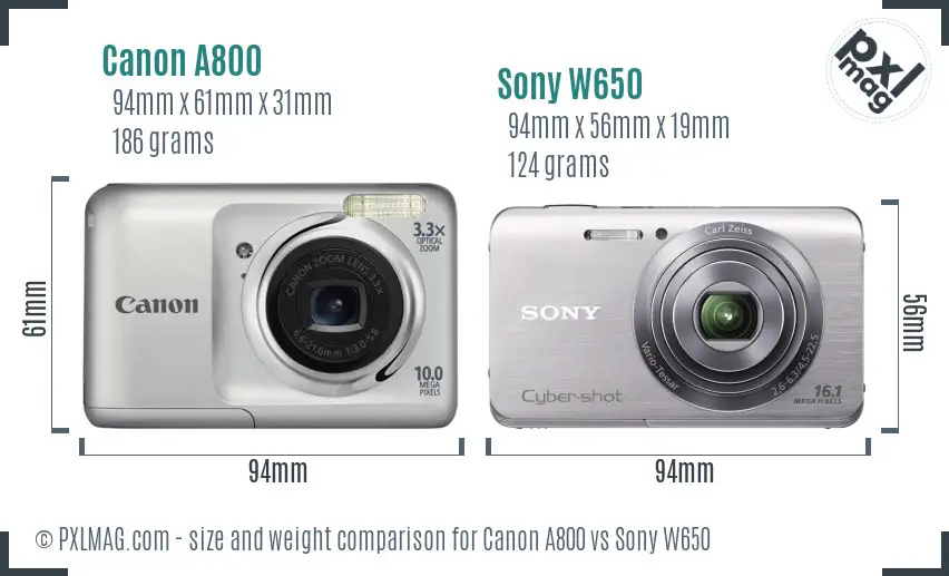 Canon A800 vs Sony W650 size comparison