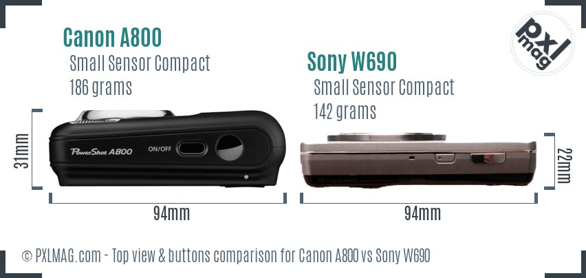 Canon A800 vs Sony W690 top view buttons comparison