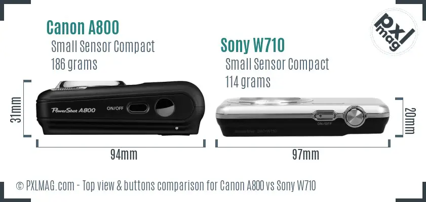 Canon A800 vs Sony W710 top view buttons comparison