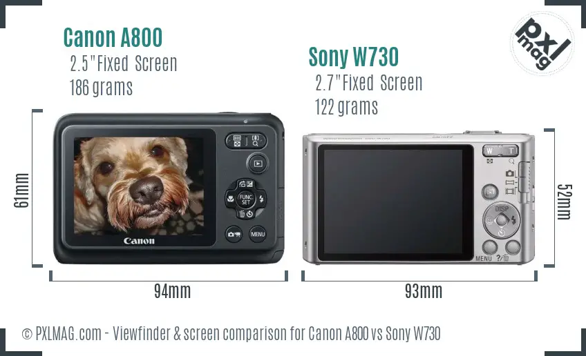 Canon A800 vs Sony W730 Screen and Viewfinder comparison