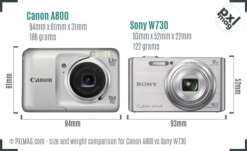 Canon A800 vs Sony W730 size comparison