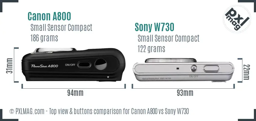 Canon A800 vs Sony W730 top view buttons comparison