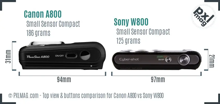 Canon A800 vs Sony W800 top view buttons comparison