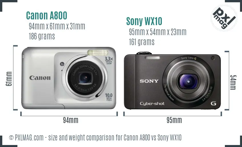 Canon A800 vs Sony WX10 size comparison