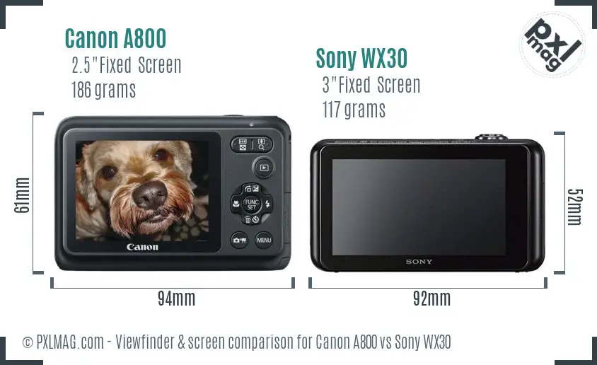 Canon A800 vs Sony WX30 Screen and Viewfinder comparison