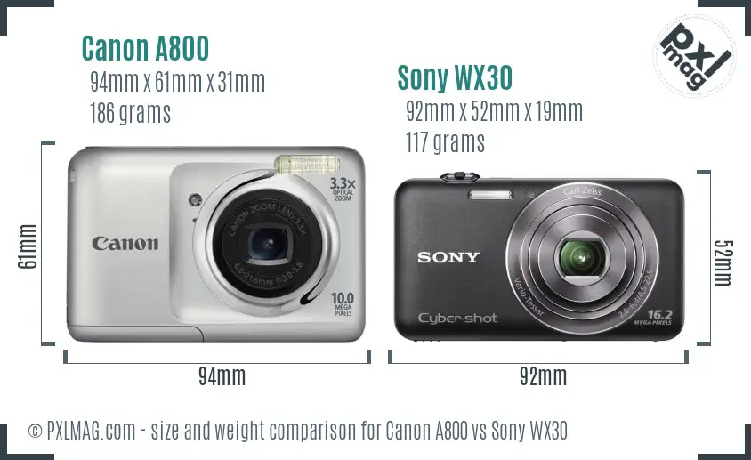 Canon A800 vs Sony WX30 size comparison