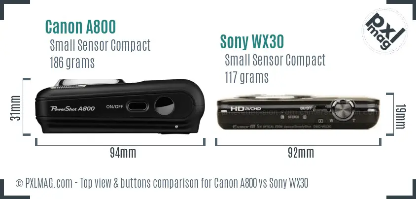 Canon A800 vs Sony WX30 top view buttons comparison