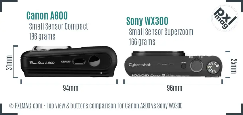 Canon A800 vs Sony WX300 top view buttons comparison Canon A800 vs Sony WX300 top view buttons comparison