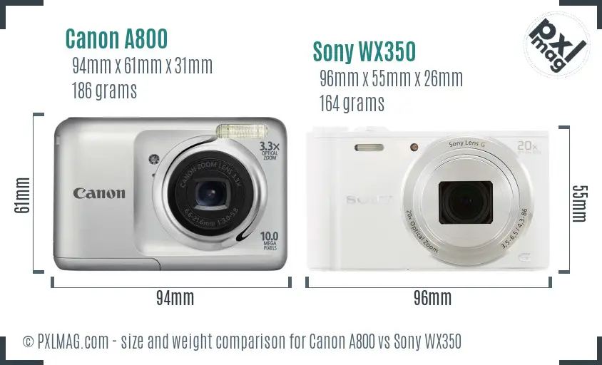 Canon A800 vs Sony WX350 size comparison