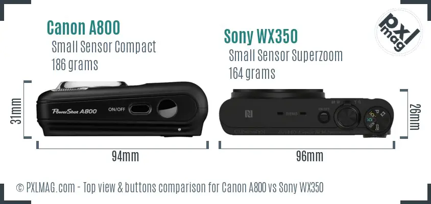 Canon A800 vs Sony WX350 top view buttons comparison