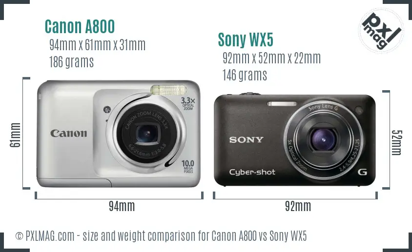 Canon A800 vs Sony WX5 size comparison
