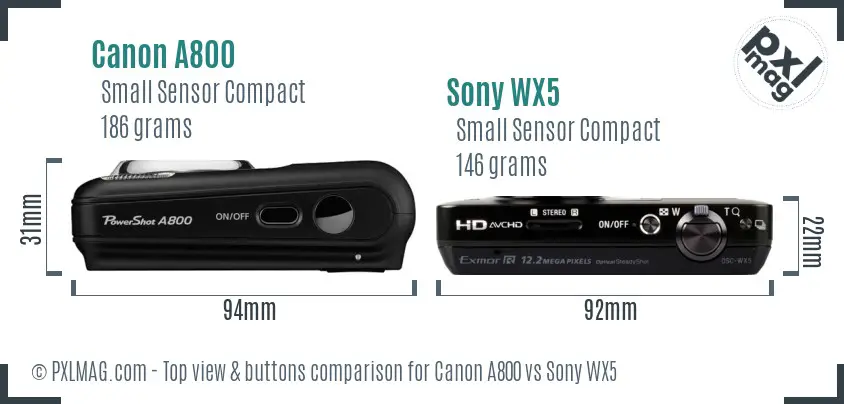 Canon A800 vs Sony WX5 top view buttons comparison