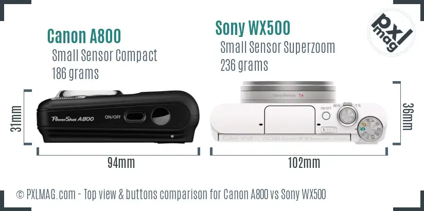 Canon A800 vs Sony WX500 top view buttons comparison Canon A800 vs Sony WX500 top view buttons comparison