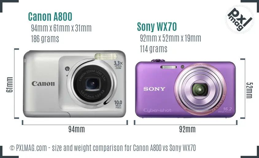 Canon A800 vs Sony WX70 size comparison