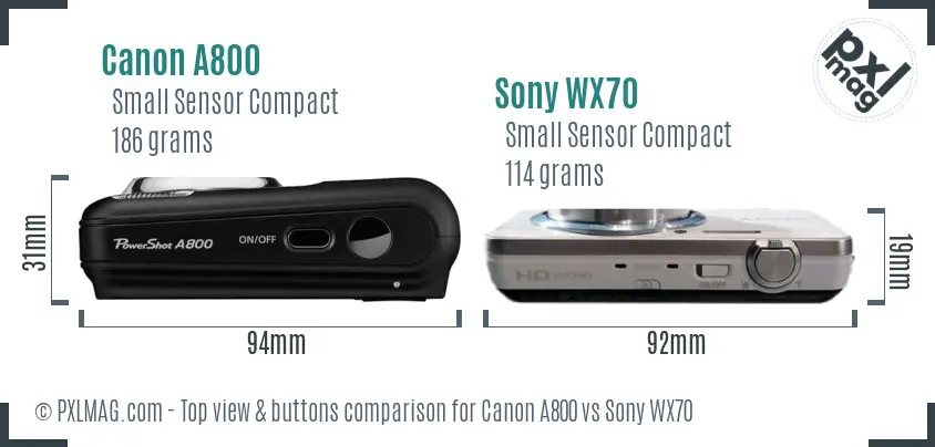 Canon A800 vs Sony WX70 top view buttons comparison
