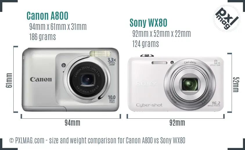 Canon A800 vs Sony WX80 size comparison