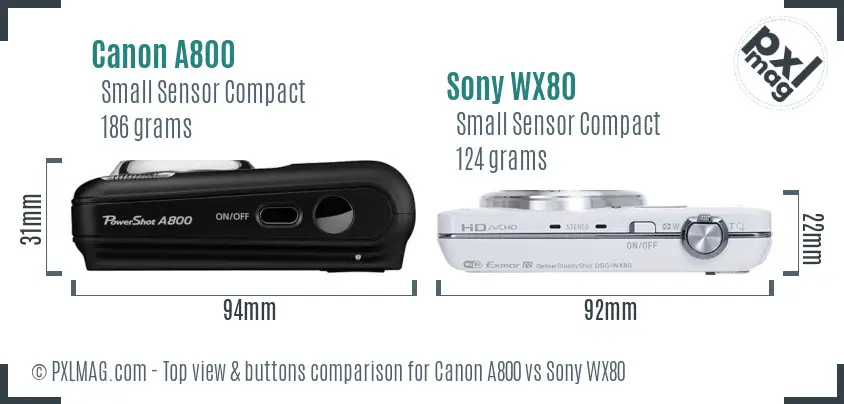 Canon A800 vs Sony WX80 top view buttons comparison